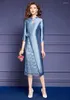 Casual Kleider Elegante Luxus Perlen Abend Party Für Frauen 2024 Frühling Designer Vintage Plus Größe Kleid Stehkragen Blau Robe