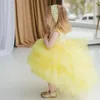 Robes à fleurs jaunes pour filles, en Tulle, avec des Appliques à plusieurs niveaux, avec nœud, sans manches, pour mariage, fête d'anniversaire, robes de première Communion