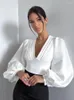Damesblouses Diepe V-hals Dames Cropped blouse Tops Retro Elegant Groen Pofmouwen Dames Chic Kantoor Dame Geplooide top 2024 Lente
