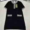 Basic & Casual Dresses Designer knitted short sleeved dress with collar edge wrapping and contrasting stripes patchwork, loose and slim, gentle and elegant for women