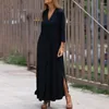 Robes décontractées Robe à ourlet fendu Robe élégante à col en V Maxi avec manches plissées côté tissu tricoté doux longueur de cheville pour femme