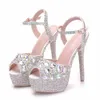 Sandals Crystal Queen Diamond Women Super High Heels Wedding Pumps 14cm Peep Shoes Platform 4CM Wristband Colorful Stiletto