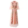 Spring Pink Floral Embroidery Tulle Dress 1/2 Half Sleeve Round Neck Paneled Midi Casual Dresses S4J290118 Plus Size XXL