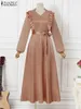 Etniska kläder eleganta kvinnor muslimska maxi klänning zanzea mode v hals långärmad satin sundress eid mubarek ramadan kalkon abaya vestidos