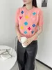 T-shirt en tricot pour femme - Col rond - Manches courtes - Serviette colorée - Lettres brodées - Texture tendance et polyvalente - Mince et belle