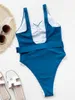 Kvinnors badkläder Sexig One Piece Swimsuit Women Blue Pleated V-hals baddräkt Beachwear Dekorativ gräns Midjeband Bikinis 2024 Mujer
