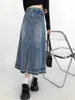 スカート女性レジャーポケットデニムファッション韓国スタイルS-5XLシンプルなソリッドスリット秋の学生Aライン帝国服ミディファルダス