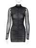 Casual Dresses Hugcitar Mesh Black Turtleneck Long Sleeves Draped See Through My Sexy BodyCon Mini Prom Dress 2024 Fall Women Festival Party