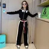 Clothing Sets Spring Autumn Girl Striped Cropped Full Zip Sweatshirt Loose Drawstring Sweatpant Set School Kids Tracksuit Child Outfit