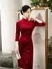 Этническая одежда, женское жаккардовое бархатное винтажное платье Cheongsam с длинным рукавом, тонкие элегантные свадебные костюмы в китайском стиле, платье больших размеров от M до 5XL