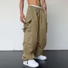 Men's Pants Elastic Waistband Solid Color Trousers Oversized Multi Pocket Cargo For Men With High Waist Crotch Soft