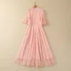 Spring Pink Floral Embroidery Tulle Dress 1/2 Half Sleeve Round Neck Paneled Midi Casual Dresses S4J290118 Plus Size XXL