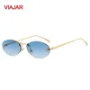 Sunglasses Rimless Oval Women 2024 Cat Eye Designer Letter Punk Sun Glasses Men Shades Driving Eyewear Female UV400