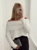 Women Sexy Slash Neck Pullover Sweaters Long Sleeve Off Shoulder Cropped Knitted Top Female Elegant Autumn Solid Knitwear 240131