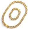 Earrings & Necklace Hip Hop Men Gold Color Necklaces & Braclete Combo Set Out Cuban Jewerly Crystal Miami Chain For218P