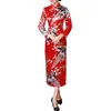 Vêtements ethniques Silky Slim Qipao Robe Style chinois Imprimé floral Collier Cheongsam 3/4 Manches High Side Split Noeud Boutons