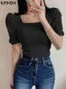 Women's Blouses VONDA Elegant Tops Fashion Short Sleeve Square Collar Blouse 2024 Summer Casual Solid Color Pleated Blusas Femme