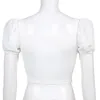 Женские футболки, летние милые укороченные топы, женские белые короткие футболки с пышными рукавами и сборками, милые футболки с квадратным воротником в консервативном стиле