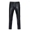 Costumes pour hommes Moto PU Cuir Pantalon Hommes Marque Skinny Brillant Or Enduit Pantalon Métallique Discothèque Scène Effectuer Pour Les Chanteurs