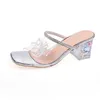 Sapatos de vestido salto mulheres cristal pedra floral padrão claro cinta chunky bombas de luxo transparente salto alto mules apontou toe festa de casamento