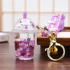 Keychains Cartoon Cute Liquid Quicksand Keychain Sakura Cat Milk Tea Cup Acrylic Floating Keyring Pendant For Women Girl Backpack Keyfob