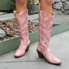 Stövlar ippeum rosa western cowboy knähögspetsig tå chunky häl kvinnor skor cowgirl botas mujer