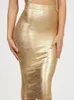 Saias Beaukey Sexy Metálico Ouro Midi Bandage Saia 2024 para Mulheres Festa Nightclub Lápis Preto Lady Bodycon Celebridade XL