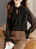 여성용 블라우스 Qoerlin Koerlin Korean Elegant Chiffon / Satin Tops Blouse Women Spring Fall Long Sleeve 느슨한 캐주얼 스탠드 칼라 검은 셔츠