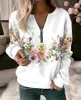 Women's Hoodies Crew Neck Zipper Half-open Sweatshirt Elegant Botanical Flower Print Hoodie Female Autumn Long Sleeve Pullover Outerwear