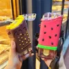 New Summer Cute Donut Ice Cream Water Bottle With Straw Creative Square Watermelon Cup Portable Leakproof Tritan Bottle BPA 2223d