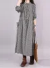 Robe femme Style coréen ample coton et lin Plaid à manches longues à lacets taille jupe Midi robes élégantes pour les femmes 240119