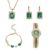 Colar brincos conjunto moda esmeralda relógio pulseira jóias femininas 4 peças presente de luxo