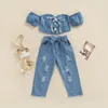 Clothing Sets 2-7years Kid Girl Denim Outfits Off Shoulder Short Sleeve Lacing Crop Tops With Ripped Jeans Girls Summer Casual