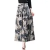 Women's Pants Women Loose Wide Leg Retro Print Skirt With High Waist A-line Design Ankle For Mid-aged