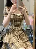 Work Dresses Plaid Retro Elegant 2 Piece Dress Set Female French Y2k Crop Tops High Waist Mini Skrits 2024 Summer Korean Fashion Suits