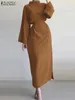 カジュアルドレスザンゼアファッションウエスト包帯ドレスの女性スタンド首輪の固体レトロベスティドスヴィンテージマキシローブ長袖