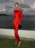 Casual Dresses Tiulzial Red Hollow Out Stretchy Bandage Sexig Midi Dress 2024 Club Party Long Sleeve Bodycon Women Event Nightwear Outfits