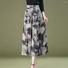 Women's Pants Women Loose Wide Leg Retro Print Skirt With High Waist A-line Design Ankle For Mid-aged