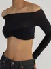 Women's Tanks Tossy Women Sheer Mesh Crop Top Twist See-Through Knit Copped Shirt Tops Bustier Off-Shoulder Long Sleeve Summer