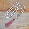 Pendanthalsband Rainbow Natural Stones Chakra Heart-Shaped OM Charm Tassel Necklace Women 108 Mala Rosary Knoted Jewelry222G