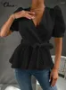 Blusas femininas Celmia 2024 moda blusa de manga bufante com decote em v mulheres escritório senhora camisa vintage transparente xadrez bandagem sexy envolto tops