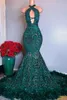 Luxurious Aqua Green Mermaid Prom Dresses With Feather Halter Neck Keyhole Sequined Beads Ruched Long Evening Gowns Formal Vestidos BC18289