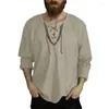 Koszulki męskie Wikingów koszula bawełny lniane lniane wierzch koronkowe do długiego rękawu bluzka męska v szyja średniowieczny kostium haftowy tunik