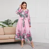 Casual Jurken Plus Size Lange Mouwen Lace-up Vrouwen Abaya Etnische Stijl Print Islam Kleding Moslim Jurk Losse Gewaad Femme vestidos