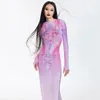 Casual Dresses Harajuku Fashion Women Anime Printed Mesh Dress Long Sleeve Lace Perspective Bodycon Party Sexig Split Midklänta 2024