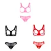 Set di reggiseni Set di lingerie sexy a torso nudo da donna Completo intimo in pelle verniciata Coppe aperte Reggiseno con mutandine senza cavallo Abbigliamento da notte Clubwear