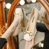 Chaussures habillées Femmes Talon moyen Carré Épais Style Français Pompes Noir Vert Toe Simple