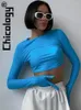 Mulheres Camisetas Chicologia Moda Sólida Mangas Compridas Com Luvas Crop Top Slim Camisa Primavera Verão Sexy Party Club Mulheres Roupas para