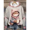 Cute Cat Printed Hoodies For Women Autumn Fashion Sweatshirt Loose O Neck Long Sleeve Top Pullover Animal Female Clothing 240223