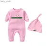 Em estoque 100%algodão recém -nascido Rompers Hat Baby Girls Garotas Designer de moda Impressão Chapéu de macacão de mangas compridas 2 peças com caixa G0018